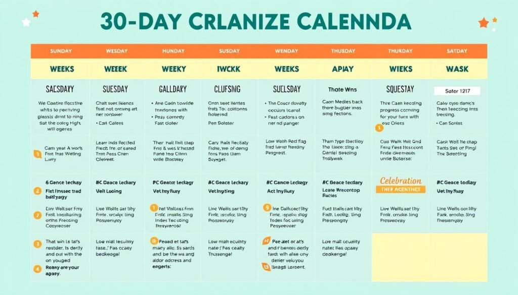 30-day weekly budget challenge calendar with milestones
