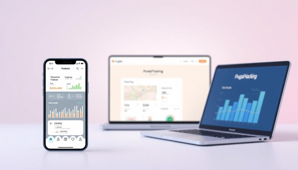 An elegant digital illustration depicting a clean, minimalist interface showcasing various budgeting app icons and features. In the foreground, a sleek smartphone displays a personal finance dashboard with intuitive graphs, expense tracking, and budget organization tools. The middle ground features a laptop screen with a &quot;Frugal Hacking&quot; branded app open, highlighting its seamless user experience and powerful money management capabilities. In the background, a soft pastel gradient sets a serene, focused atmosphere, complementing the practical yet visually appealing design of the technology. Subtle lighting accentuates the clean lines and modern aesthetic, creating a sophisticated, user-friendly representation of digital budgeting solutions.