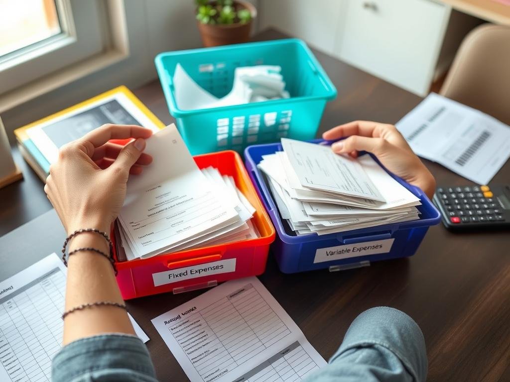 Person categorizing weekly budget expenses into fixed and variable categories