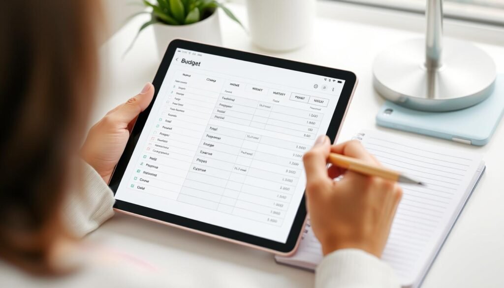Person following step-by-step weekly budget creation process on tablet