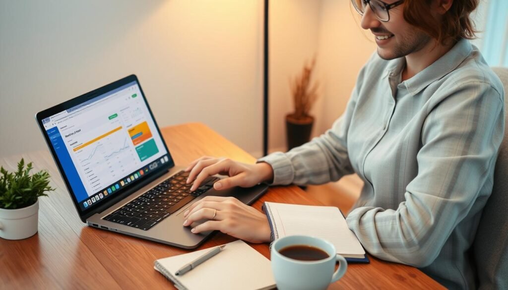 Person having weekly budget check-in with coffee and notebook