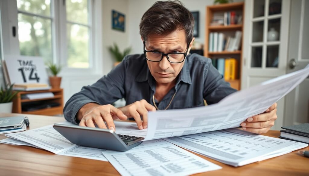 Person problem-solving budget challenges at desk with calculator