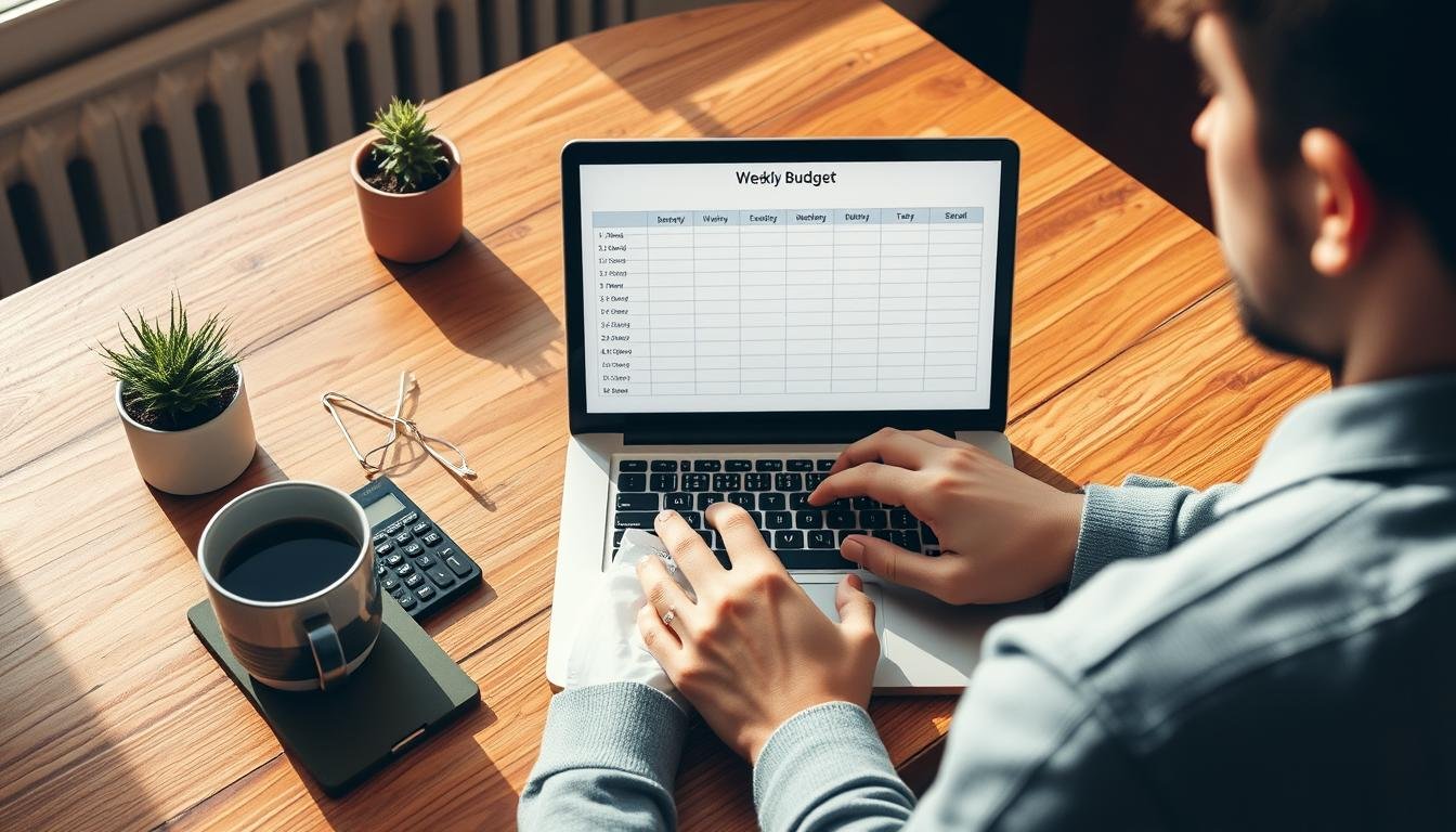 Person reviewing weekly budget on laptop with calculator and coffee