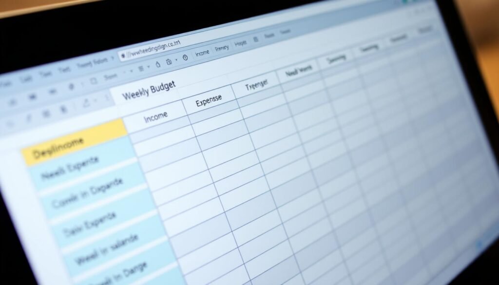 Weekly budget spreadsheet with categories and allocations