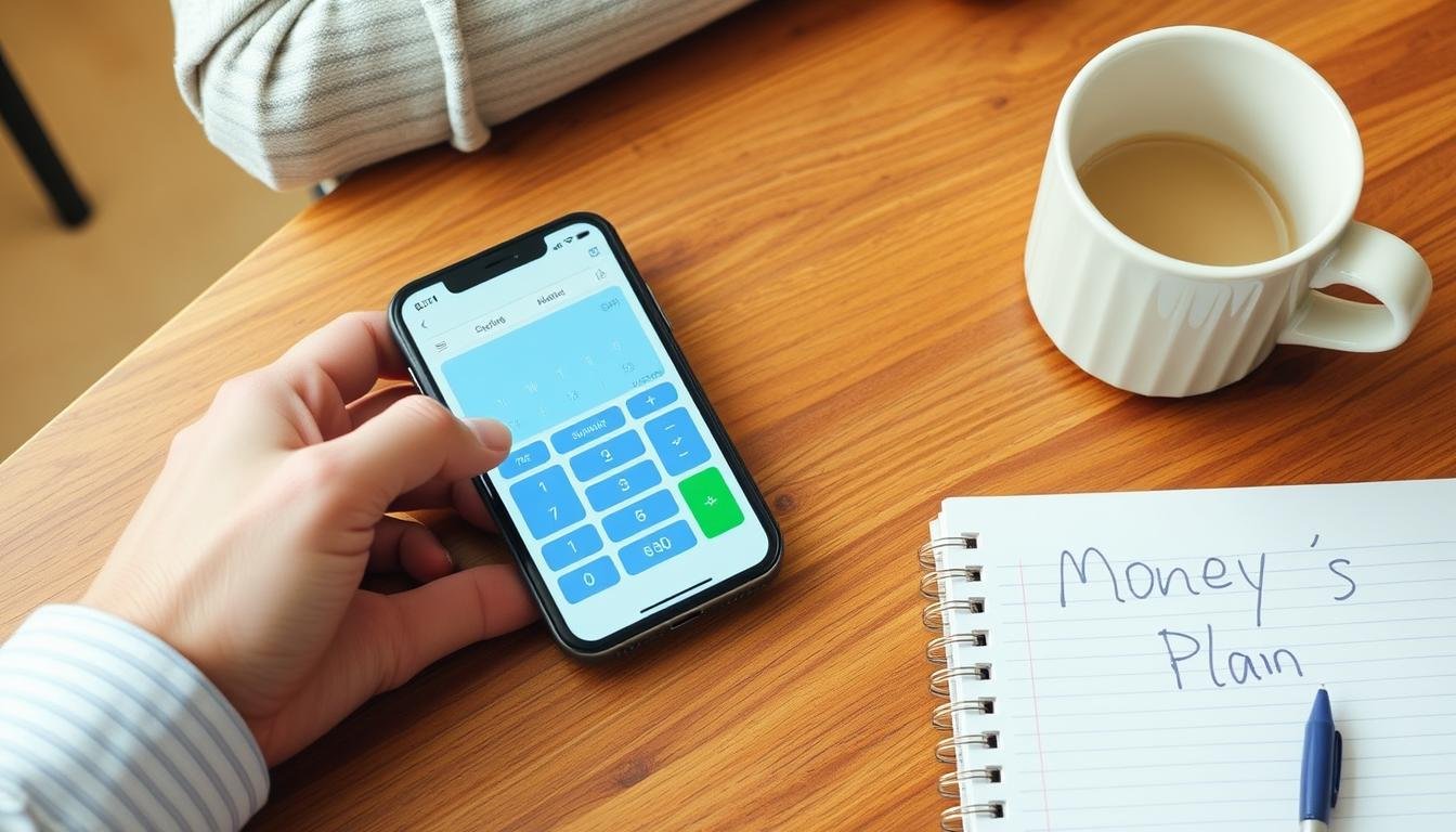 Person calculating finances with smartphone and notebook showing frugal hacks