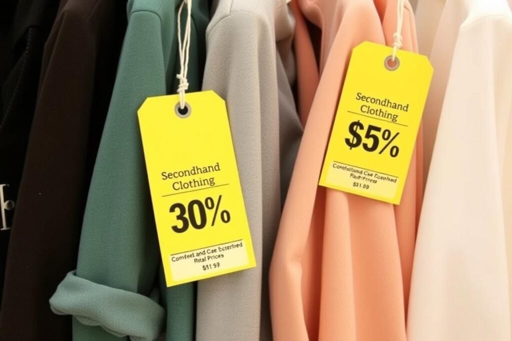 Quality secondhand clothing with price tags showing savings as a frugal hack Quality secondhand clothing with price tags showing savings as a frugal hack